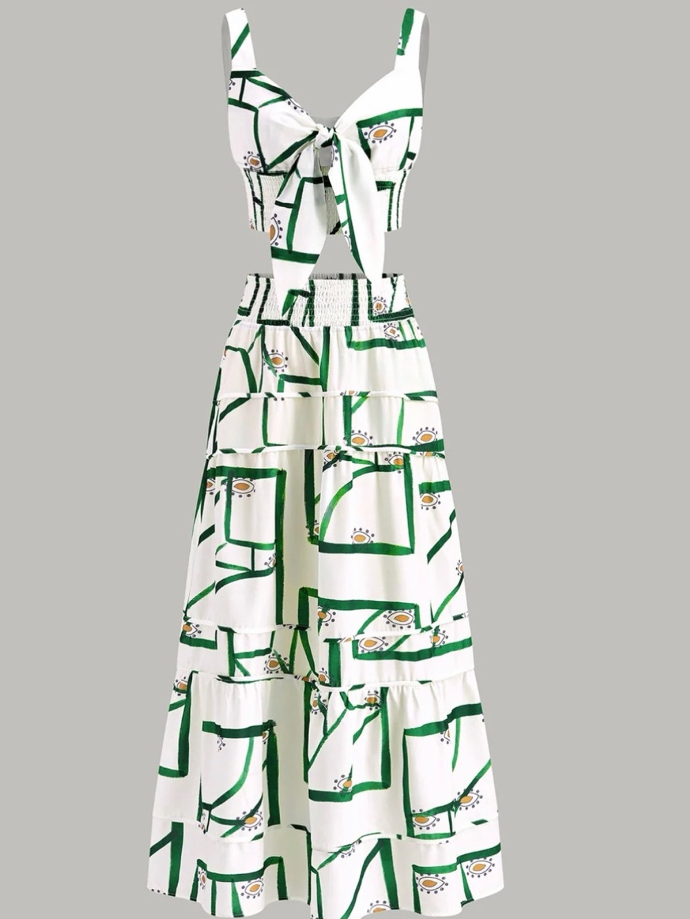 Commense White and Green Printed Tie-Front Maxi set